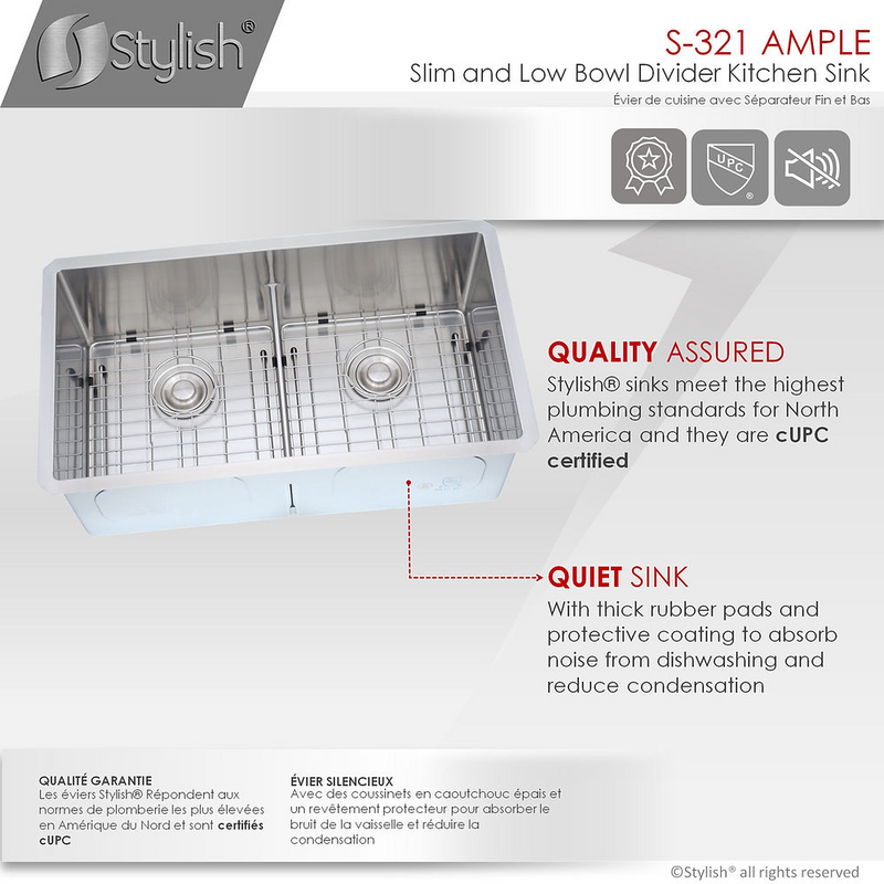 Stylish AMPLE 32" Double Bowl Kitchen Sink, 16 Gauge Stainless Steel with Grids and Basket Strainers - S-321XG