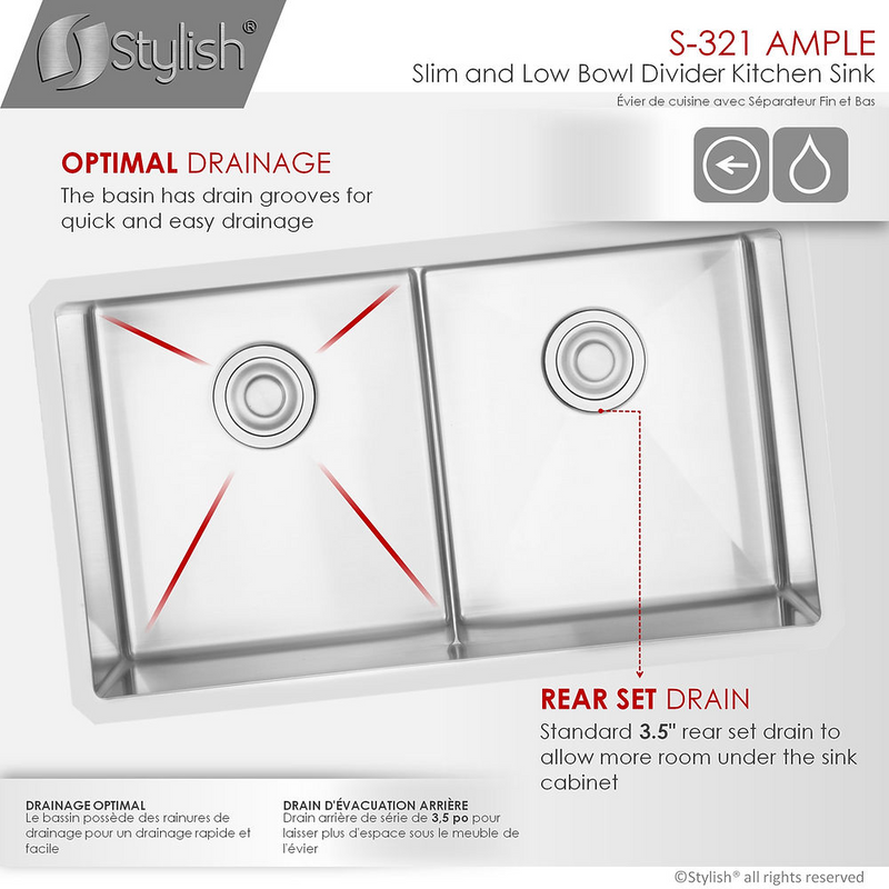 Stylish AMPLE 32" Double Bowl Kitchen Sink, 16 Gauge Stainless Steel with Grids and Basket Strainers - S-321XG