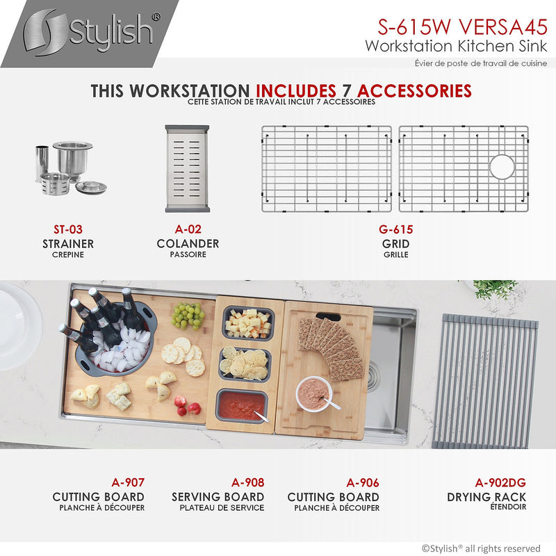 Stylish 45" VERSA45 S-615W 45 L X 19 W-inch Undermount Single Bowl Reversible 16G Kitchen Sink Workstation with Accessories