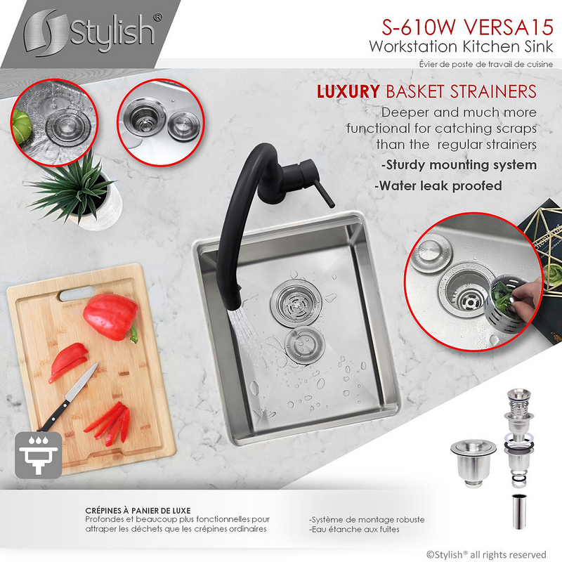Stylish VERSA15 15" Workstation Single Bowl Undermount 16 Gauge Stainless Steel Kitchen Sink with Built in Accessories - S-610W