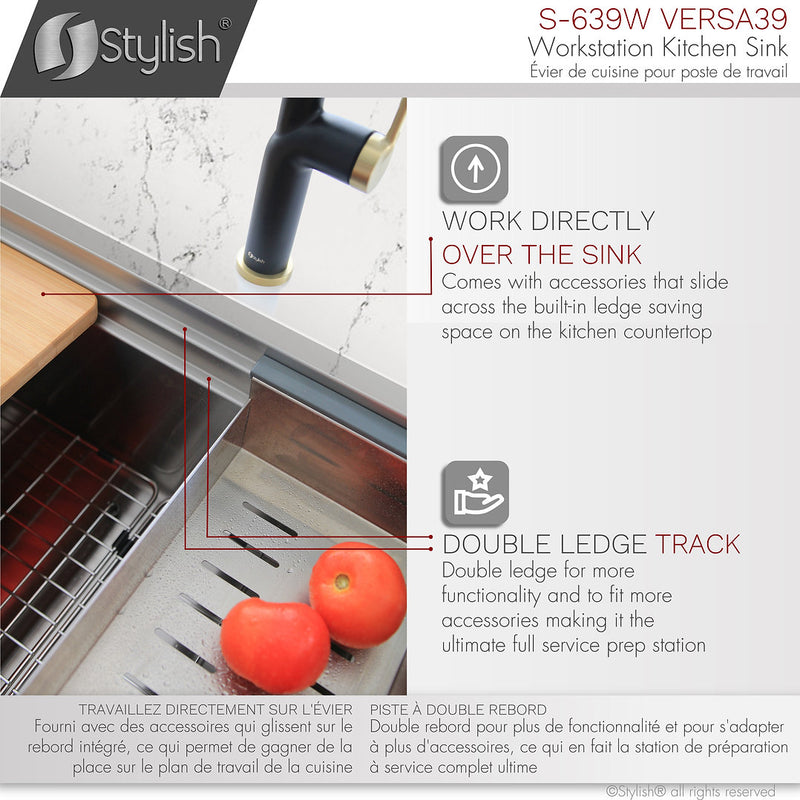 Stylish 39" VERSA39 S-639W Workstation Single Bowl Undermount 16 Gauge Stainless Steel Kitchen Sink with Accessories