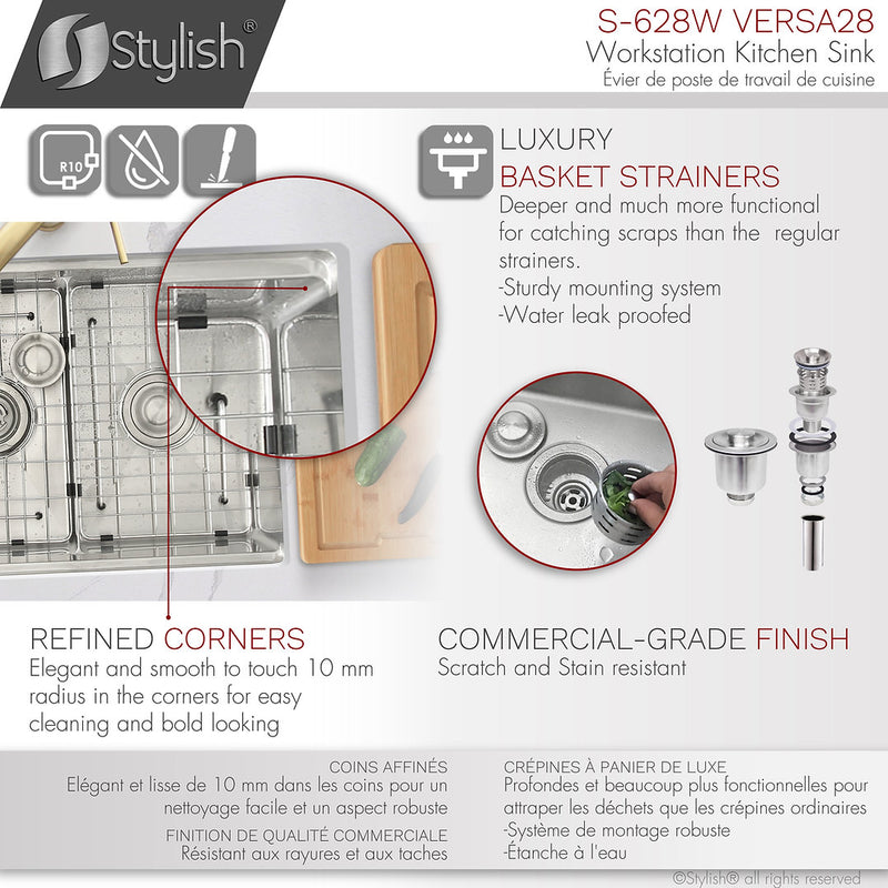 Stylish 28" VERSA28 S-628W Workstation 60/40 Double Bowl Undermount Stainless Steel Kitchen Sink with Accessories