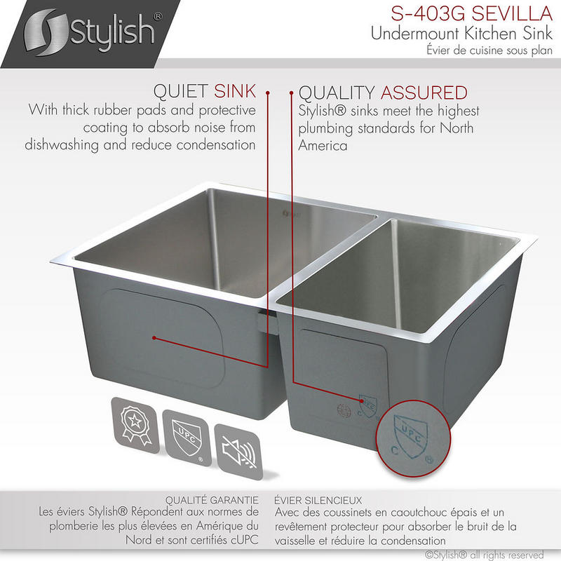 Stylish SEVILLA 28" Undermount Double Bowl Kitchen Sink, 18 Gauge Stainless Steel with Grids and Standard Strainers - S-403G