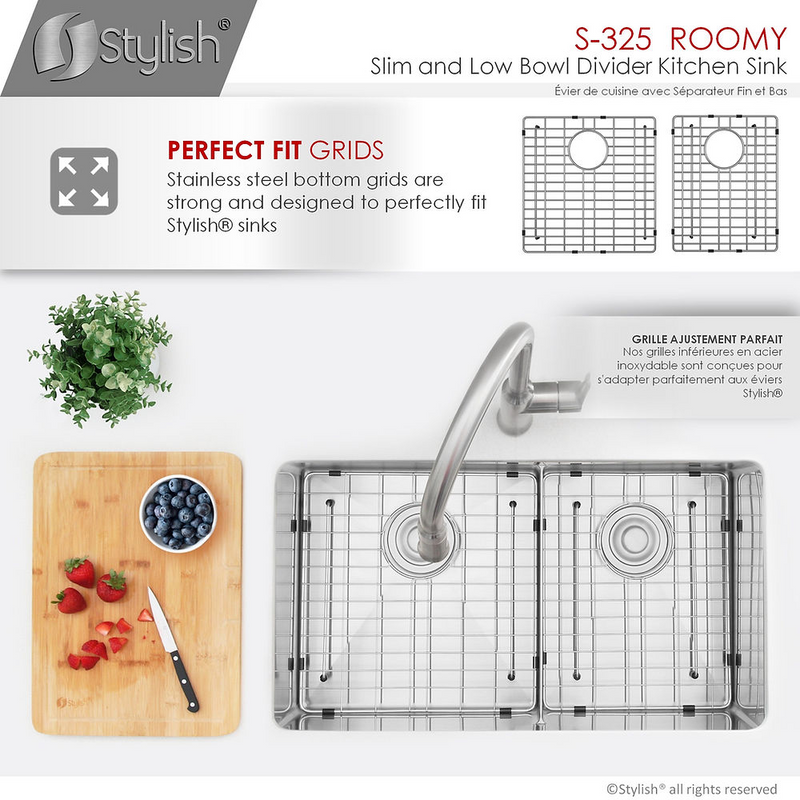 Stylish ROOMY 32" Double Bowl Kitchen Sink, 16 Gauge Stainless Steel with Grids and Basket Strainers - S-325XG