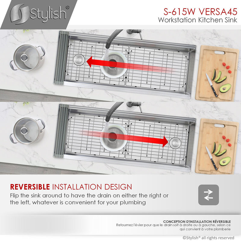 Stylish 45" VERSA45 S-615W 45 L X 19 W-inch Undermount Single Bowl Reversible 16G Kitchen Sink Workstation with Accessories