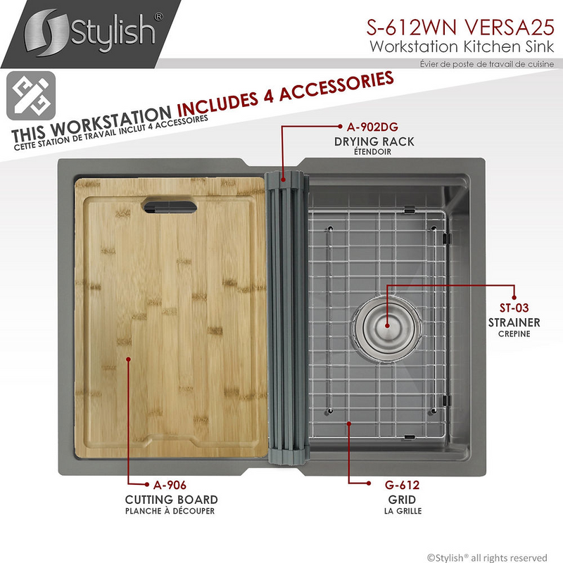 Stylish VERSA25 25" Handmade Workstation Single Bowl Kitchen Sink Built in Accessories