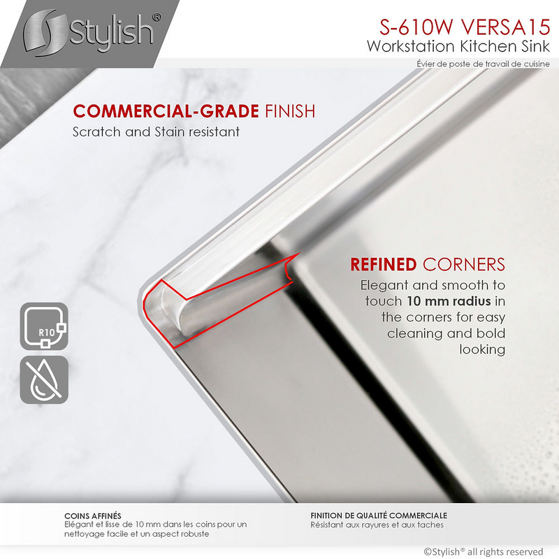 Stylish VERSA15 15" Workstation Single Bowl Undermount 16 Gauge Stainless Steel Kitchen Sink with Built in Accessories - S-610W