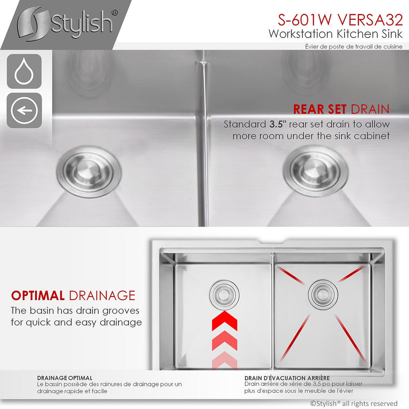 Stylish 32" VERSA32 S-601W Undermount Workstation Double Bowl Stainless Steel Kitchen Sink with Accessories