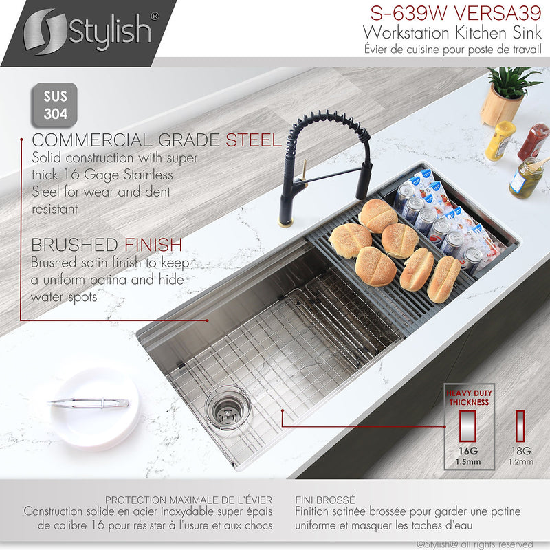 Stylish 39" VERSA39 S-639W Workstation Single Bowl Undermount 16 Gauge Stainless Steel Kitchen Sink with Accessories