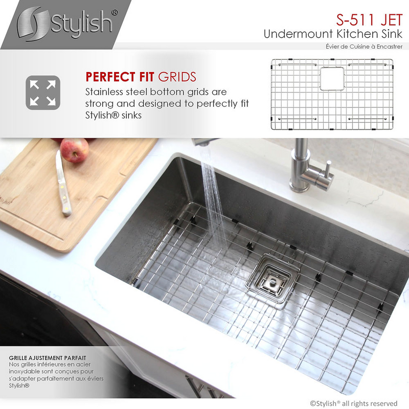 Stylish JET 30" Single Bowl Kitchen Sink, 16 Gauge Stainless Steel with Grid and Square Strainer - S-511XG