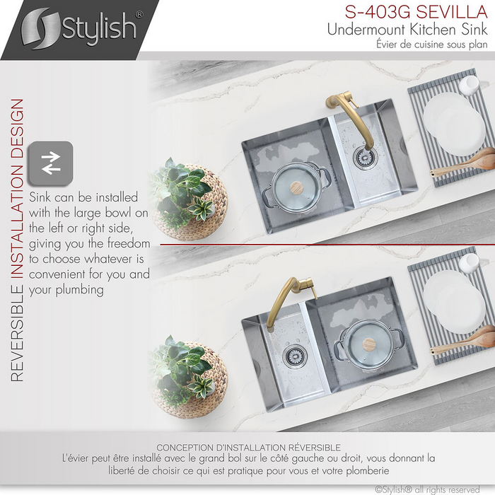 Stylish SEVILLA 28" Undermount Double Bowl Kitchen Sink, 18 Gauge Stainless Steel with Grids and Standard Strainers - S-403G
