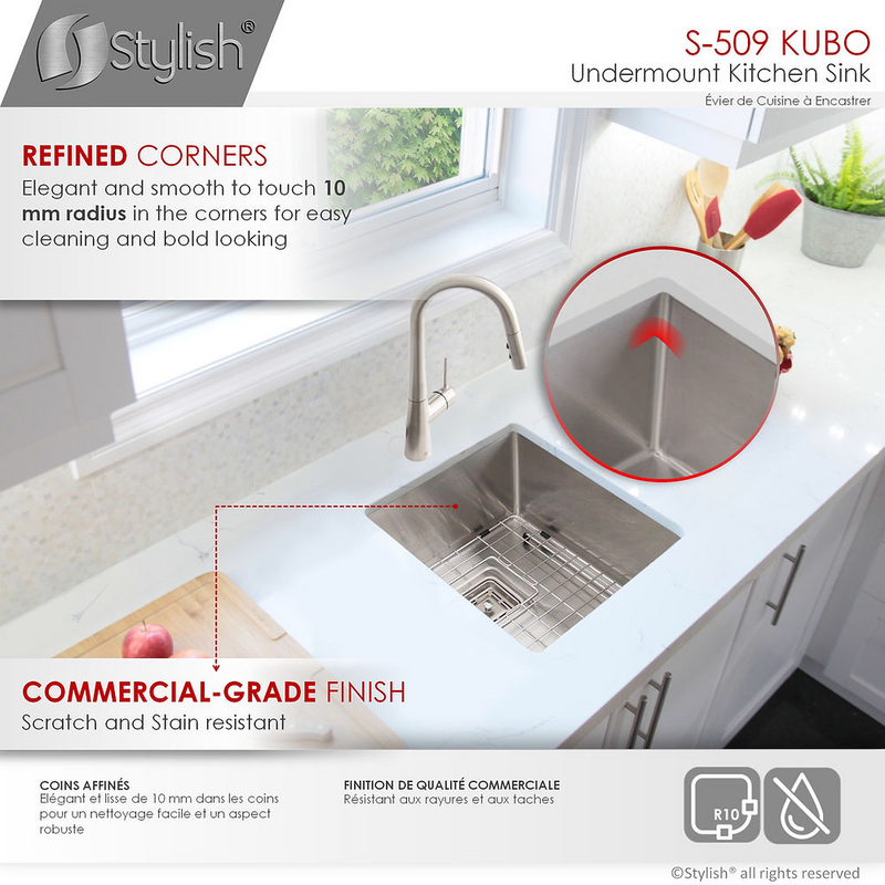 Stylish KUBO 16" Single Bowl Bar Sink, 16 Gauge Stainless Steel with Grid and Square Strainer - S-509XG