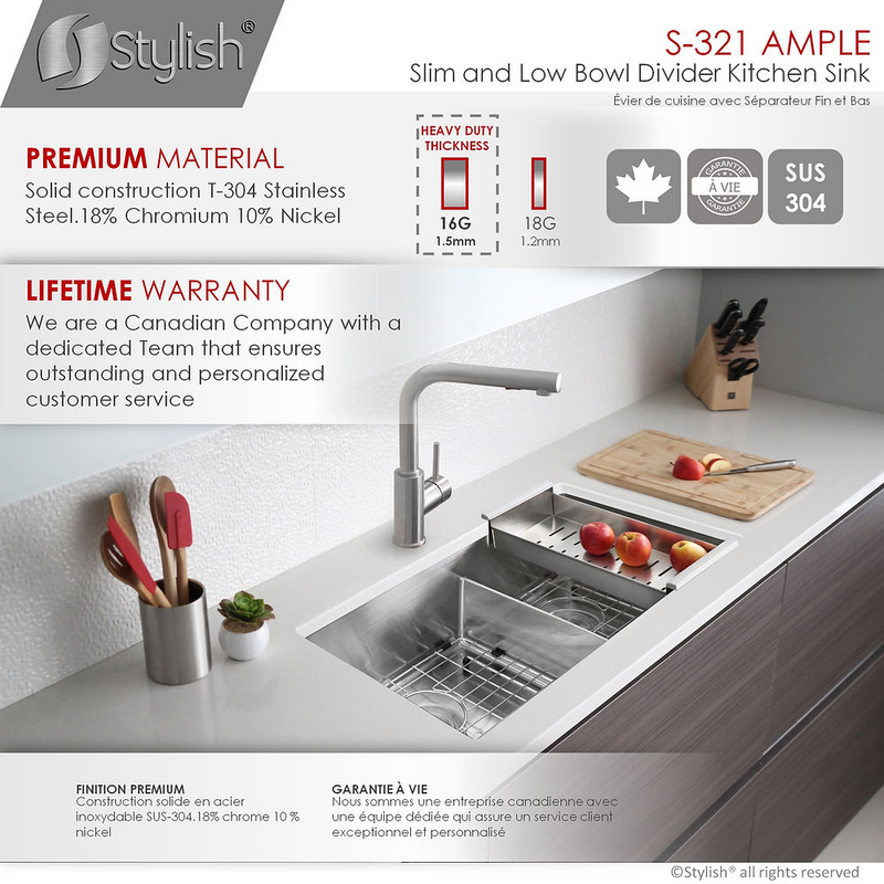 Stylish AMPLE 32" Double Bowl Kitchen Sink, 16 Gauge Stainless Steel with Grids and Basket Strainers - S-321XG
