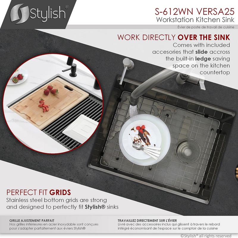 Stylish VERSA25 25" Handmade Workstation Single Bowl Kitchen Sink Built in Accessories