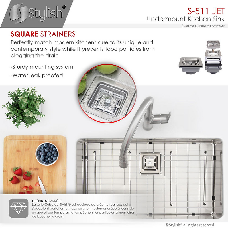 Stylish JET 30" Single Bowl Kitchen Sink, 16 Gauge Stainless Steel with Grid and Square Strainer - S-511XG