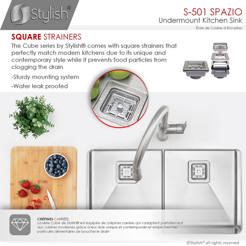 Stylish SPAZIO 33" Double Bowl Kitchen Sink, 16 Gauge Stainless Steel with Grids and Square Basket Strainers - S-501XG