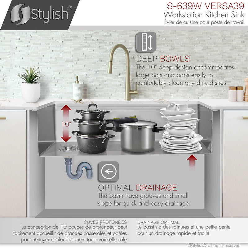 Stylish 39" VERSA39 S-639W Workstation Single Bowl Undermount 16 Gauge Stainless Steel Kitchen Sink with Accessories