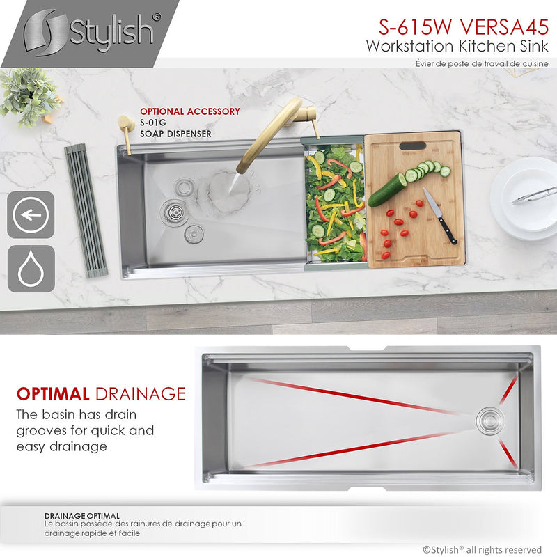 Stylish 45" VERSA45 S-615W 45 L X 19 W-inch Undermount Single Bowl Reversible 16G Kitchen Sink Workstation with Accessories