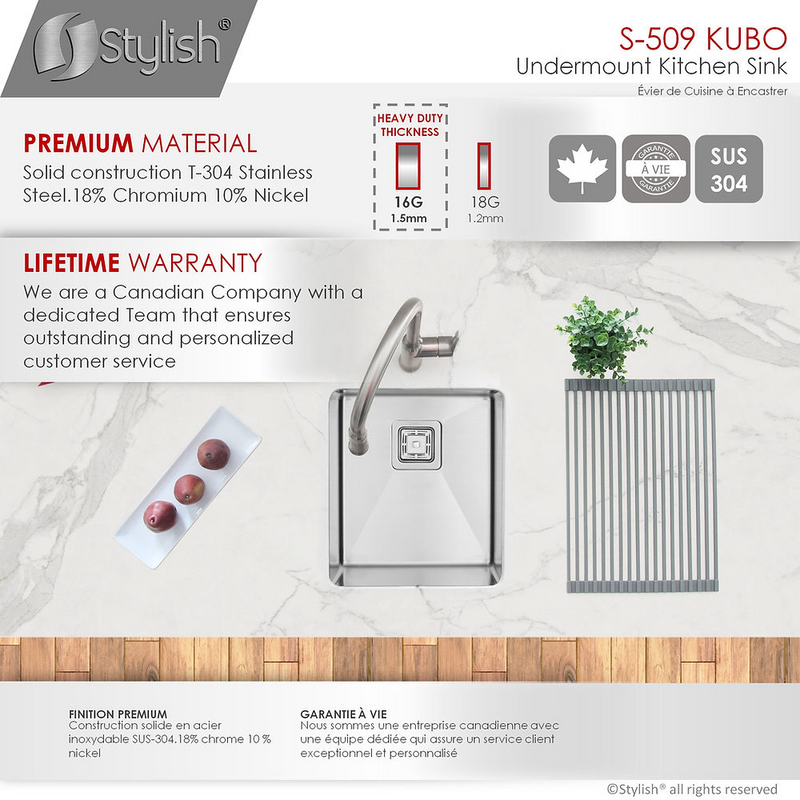 Stylish KUBO 16" Single Bowl Bar Sink, 16 Gauge Stainless Steel with Grid and Square Strainer - S-509XG