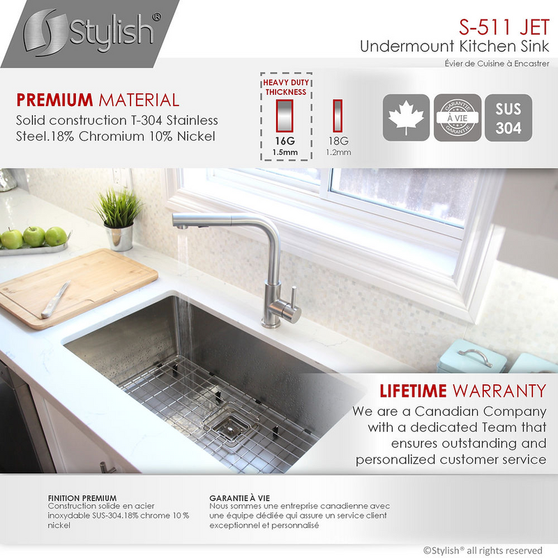 Stylish JET 30" Single Bowl Kitchen Sink, 16 Gauge Stainless Steel with Grid and Square Strainer - S-511XG