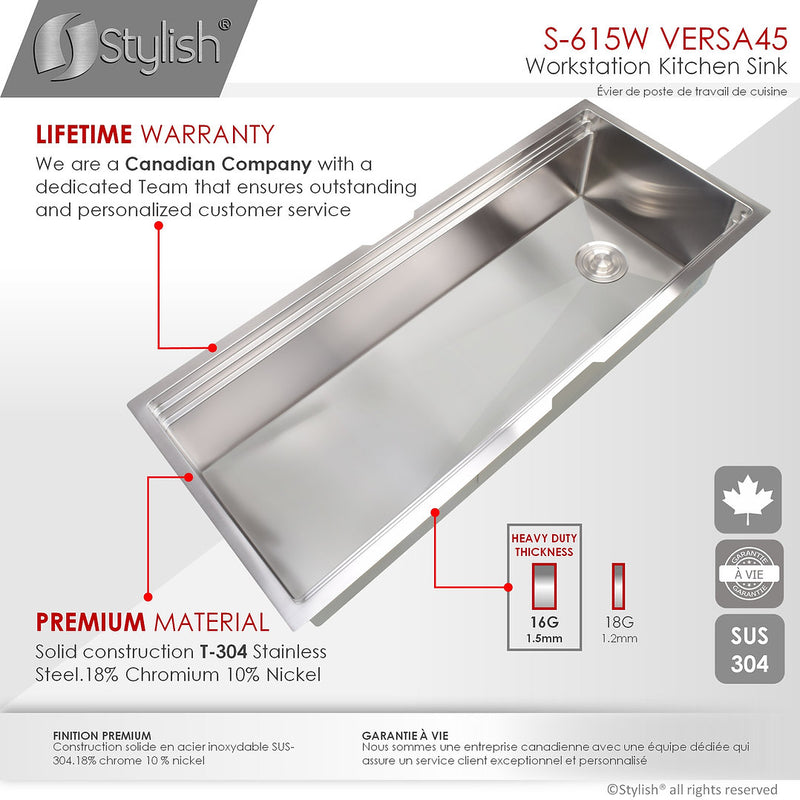 Stylish 45" VERSA45 S-615W 45 L X 19 W-inch Undermount Single Bowl Reversible 16G Kitchen Sink Workstation with Accessories