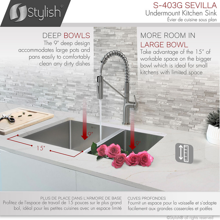 Stylish SEVILLA 28" Undermount Double Bowl Kitchen Sink, 18 Gauge Stainless Steel with Grids and Standard Strainers - S-403G