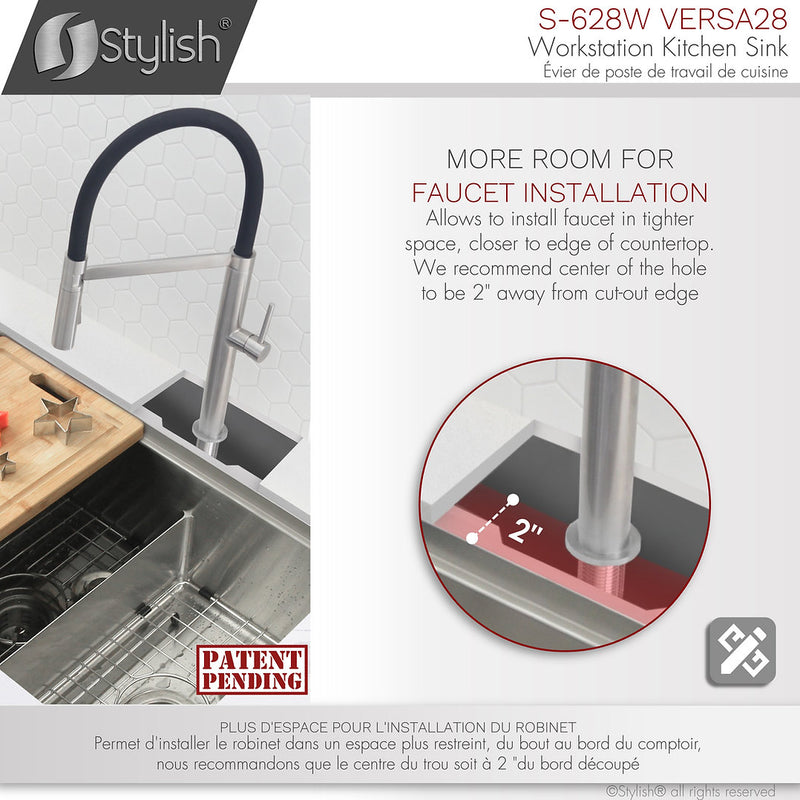 Stylish 28" VERSA28 S-628W Workstation 60/40 Double Bowl Undermount Stainless Steel Kitchen Sink with Accessories