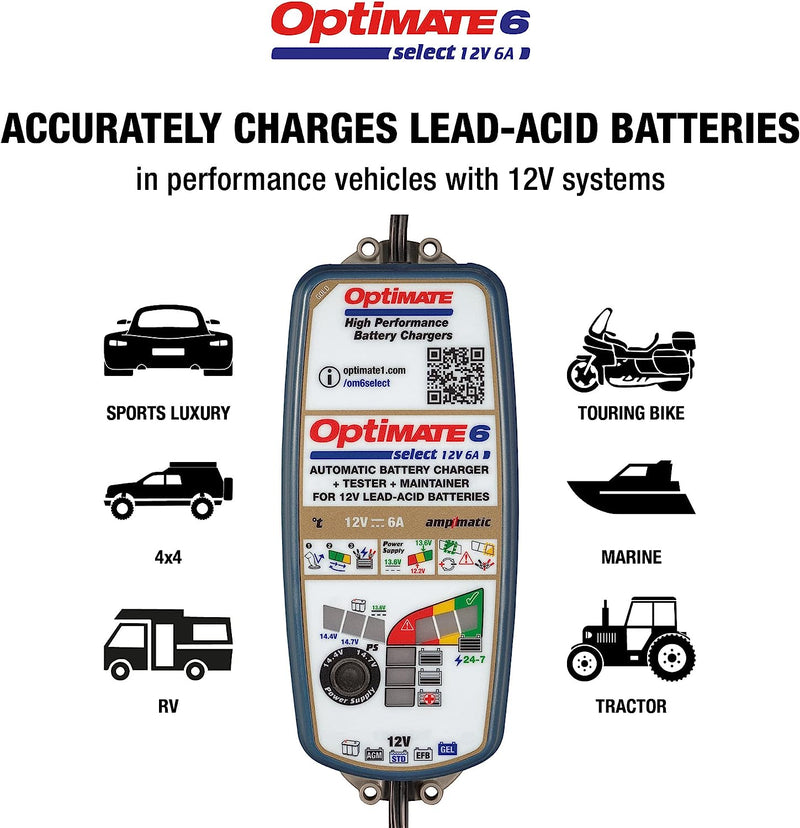 OptiMATE 6 Select - 12V 6A, TM-371, 9-Step Gold Series Battery Saving Charger & Maintainer