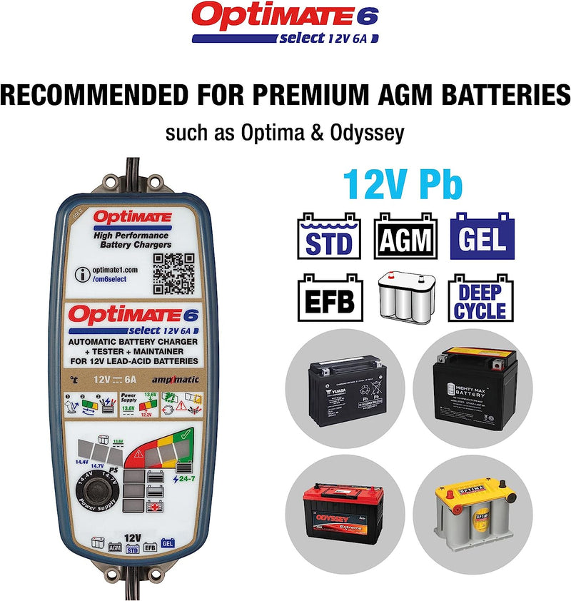 OptiMATE 6 Select - 12V 6A, TM-371, 9-Step Gold Series Battery Saving Charger & Maintainer