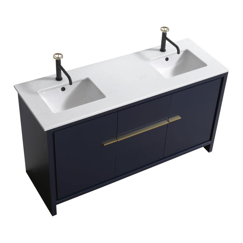 KubeBath Dolce 60″ Double Sink Modern Freestanding Bathroom Vanity with White Quartz Counter-Top