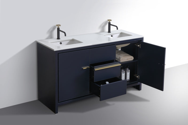 KubeBath Dolce 60″ Double Sink Modern Freestanding Bathroom Vanity with White Quartz Counter-Top