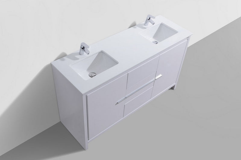 KubeBath Dolce 60″ Double Sink Modern Freestanding Bathroom Vanity with White Quartz Counter-Top