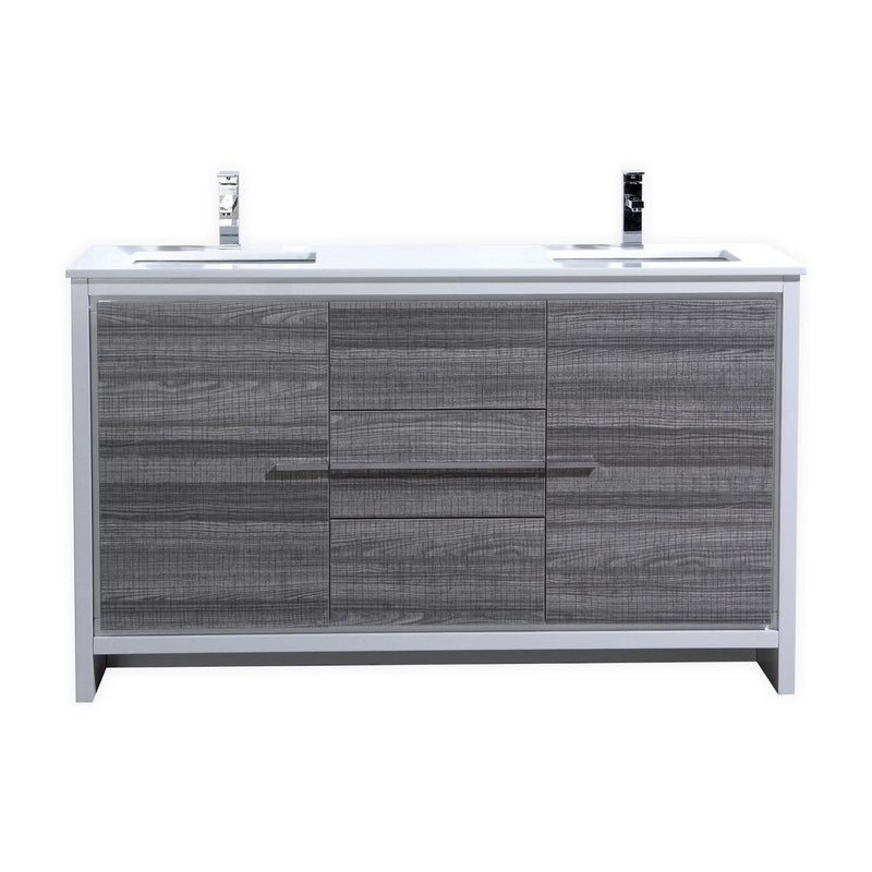 KubeBath Dolce 60″ Double Sink Modern Freestanding Bathroom Vanity with White Quartz Counter-Top