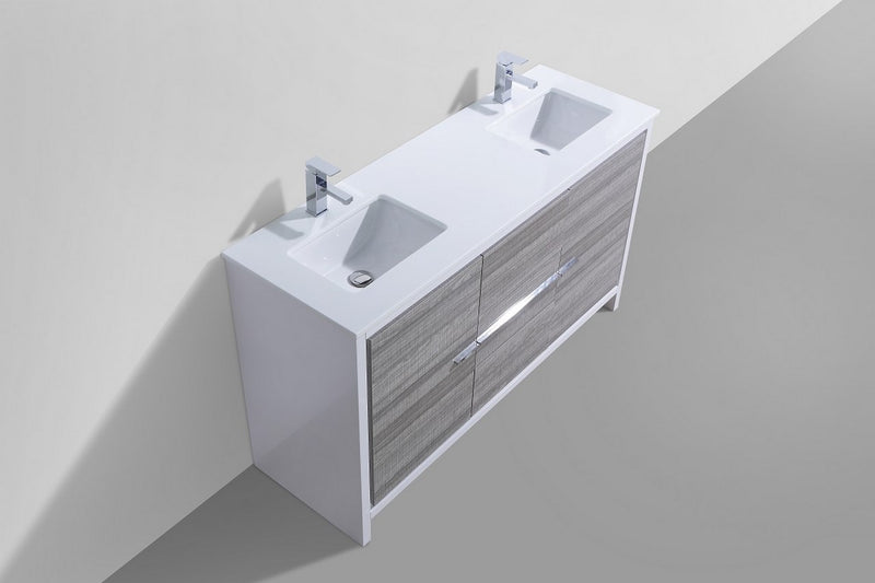 KubeBath Dolce 60″ Double Sink Modern Freestanding Bathroom Vanity with White Quartz Counter-Top