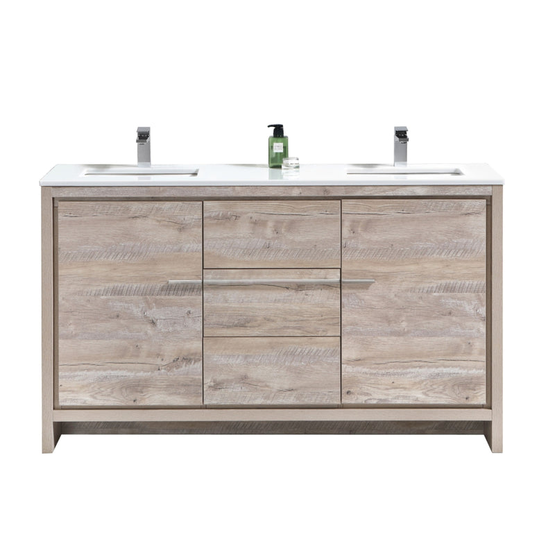 KubeBath Dolce 60″ Double Sink Modern Freestanding Bathroom Vanity with White Quartz Counter-Top