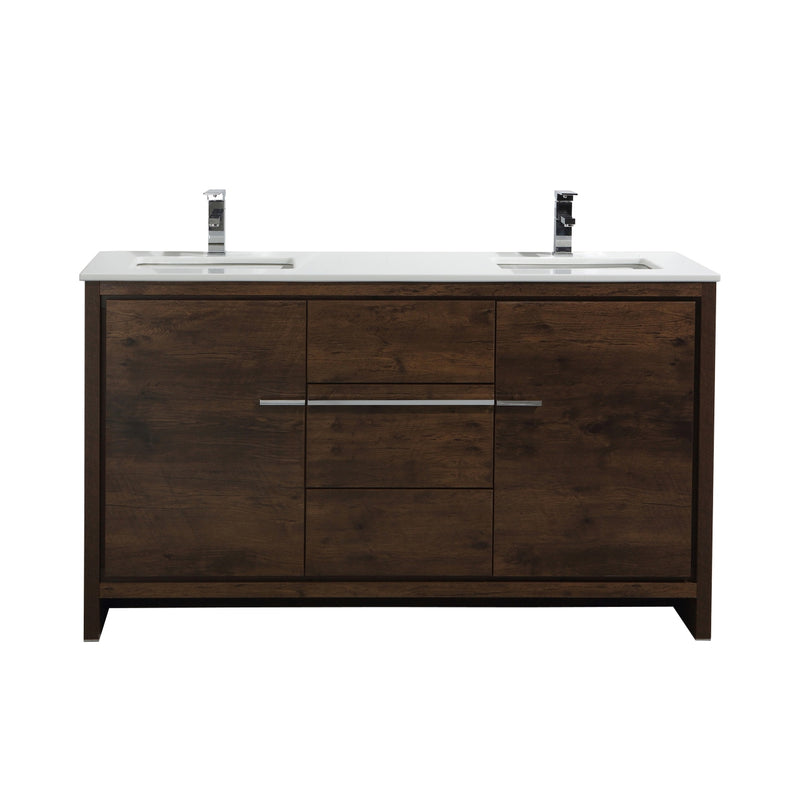 KubeBath Dolce 60″ Double Sink Modern Freestanding Bathroom Vanity with White Quartz Counter-Top