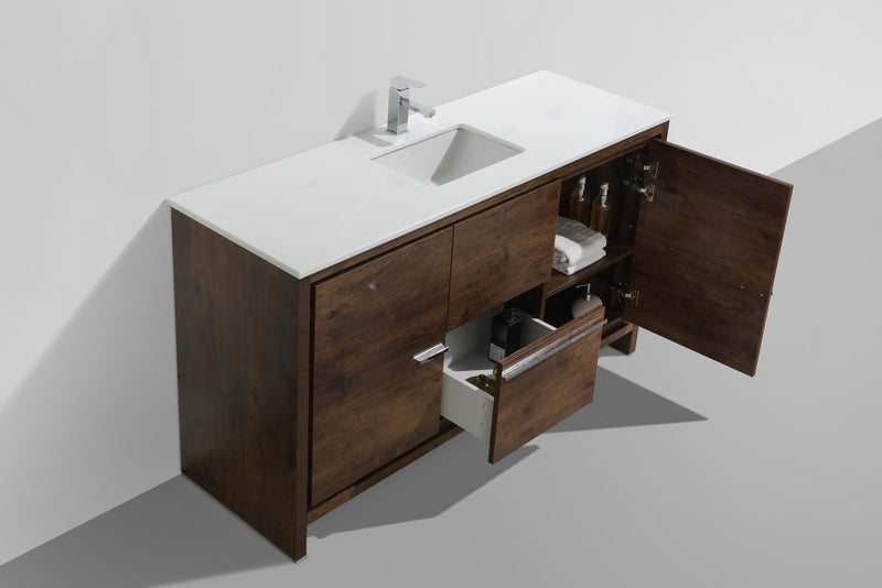 KubeBath Dolce 60″ Single Sink Modern Freestanding Bathroom Vanity with White Quartz Countertop