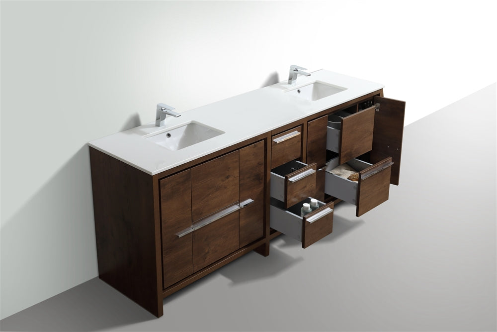 KubeBath Dolce 84″ Double Sink Modern Bathroom Vanity with White Quartz Countertop