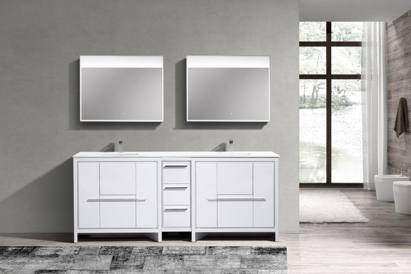 KubeBath Dolce 84″ Double Sink Modern Bathroom Vanity with White Quartz Countertop