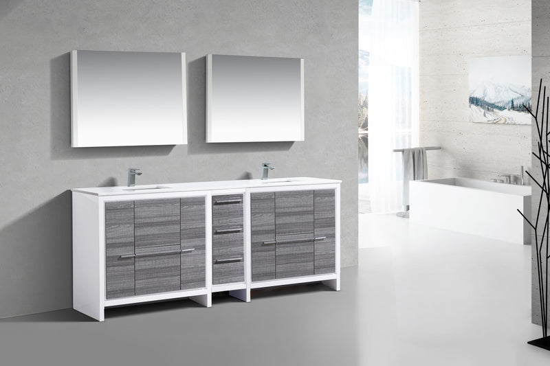 KubeBath Dolce 84″ Double Sink Modern Bathroom Vanity with White Quartz Countertop