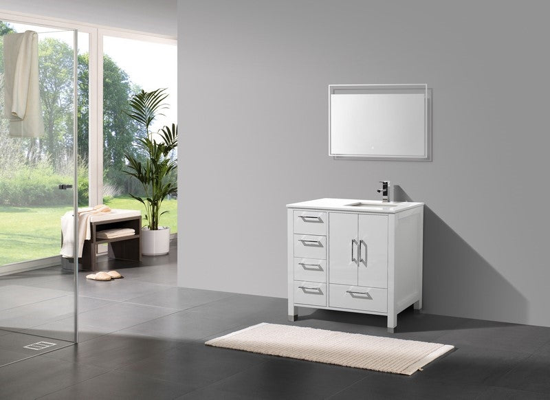 KubeBath Anziano 36" Gloss White Freestanding Vanity w/ Quartz Countertop - Left Side Drawers
