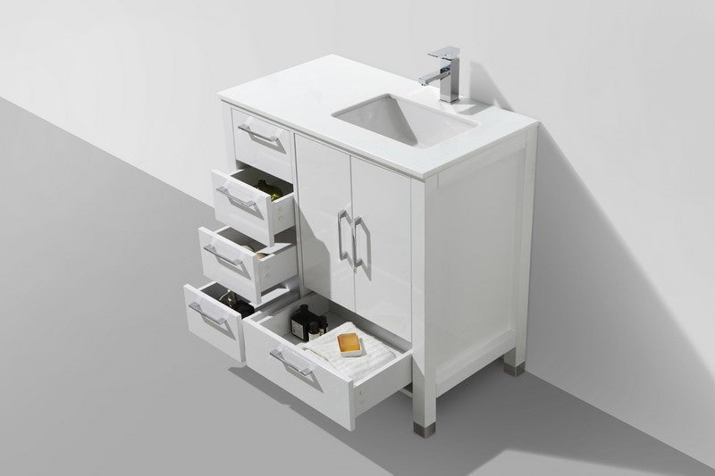 KubeBath Anziano 36" Gloss White Freestanding Vanity w/ Quartz Countertop - Left Side Drawers
