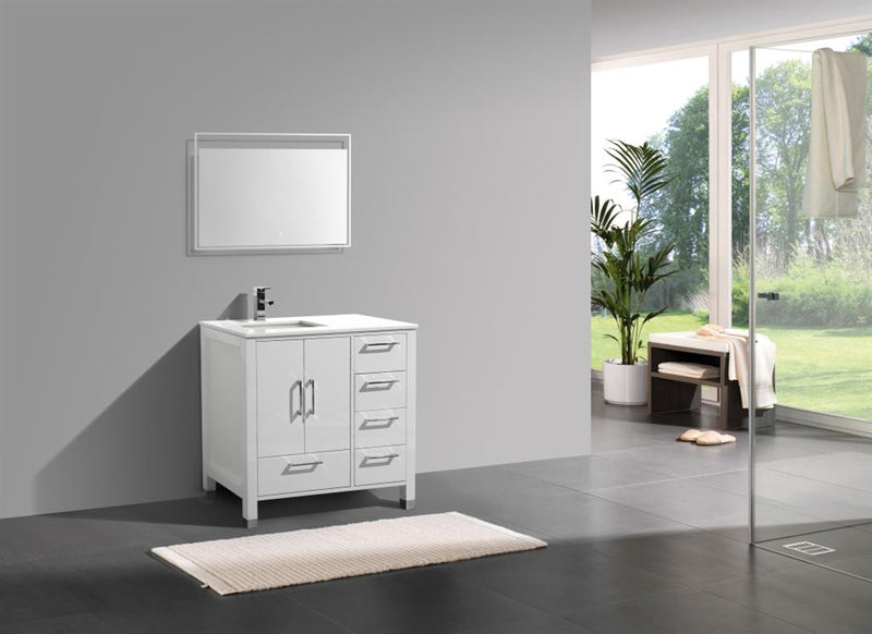 KubeBath Anziano 36" Gloss White Freestanding Vanity w/ Quartz Countertop - Right Side Drawers