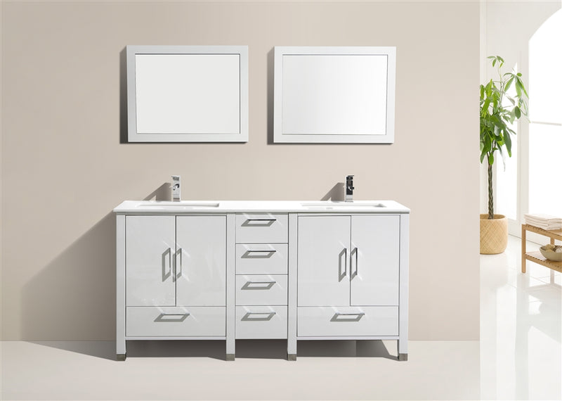 KubeBath Anziano 72" Gloss White Freestanding Double Sink Vanity w/ Quartz Countertop