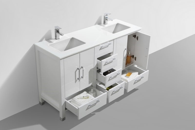 KubeBath Anziano 72" Gloss White Freestanding Double Sink Vanity w/ Quartz Countertop
