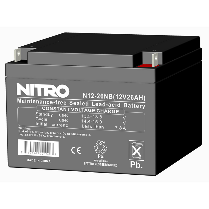 NITRO N12-26NB 12V, 26AH Valve Regulated Lead-Acid Battery