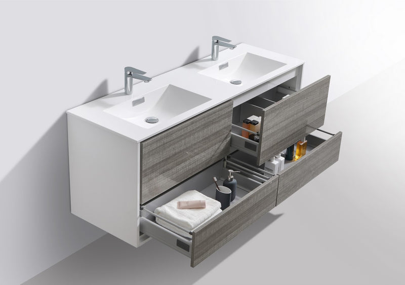 KubeBath DeLusso 60" Double Sink Wall Mount Modern Bathroom Vanity