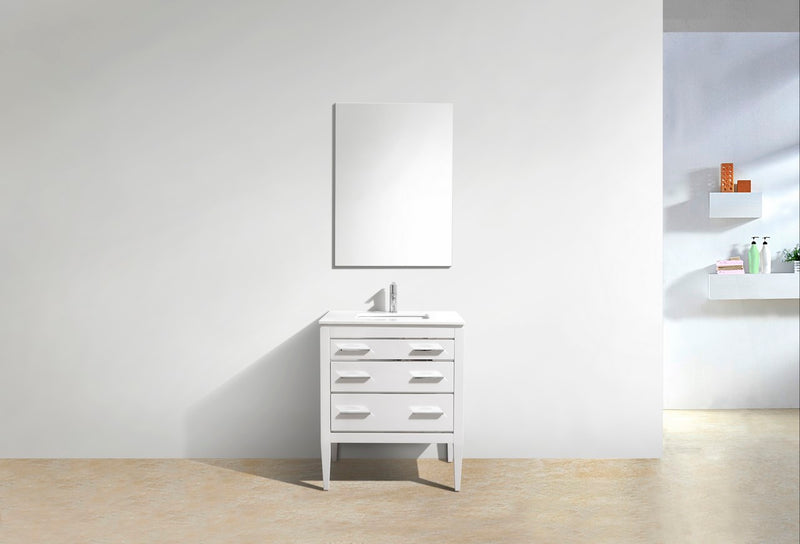 KubeBath Eiffel 30" High Gloss White Freestanding Vanity w/ Quartz Countertop
