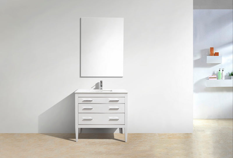 KubeBath Eiffel 36" High Gloss White Freestanding Vanity w/ Quartz Countertop