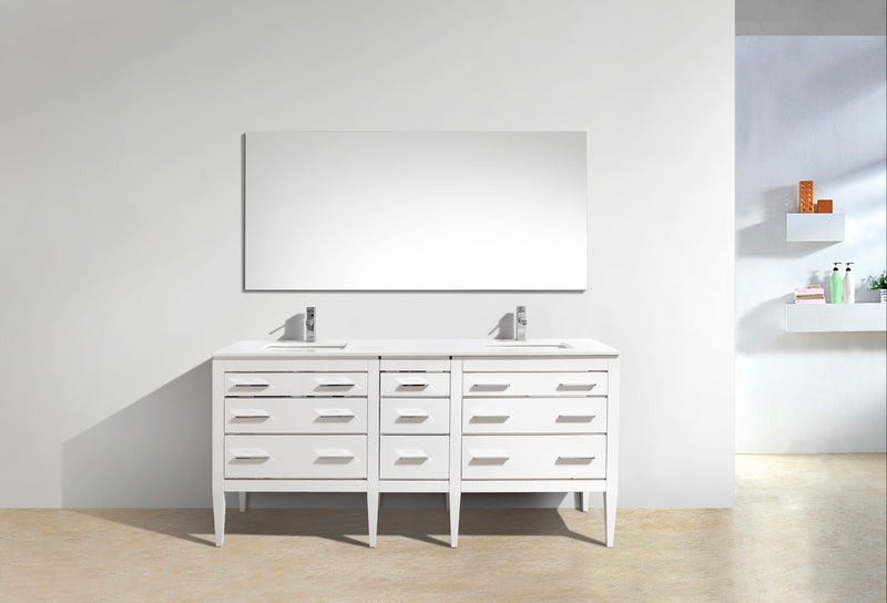 KubeBath Eiffel 72" Double Sink High Gloss White Freestanding Vanity w/ Quartz Countertop